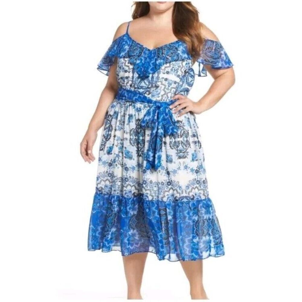 ELIZA J. Women's Cold Shoulder Dress Short Sleeve‎ Blue Sz 18W MSRP $158 NWT